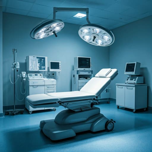 high-end modern clinical workspace with clean medical equipment and blue ambient lighting in a professional setting