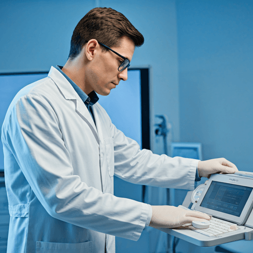 Professional clinical engineer wearing a white coat and glasses, performing precise technical maintenance on a modern high-end diagnostic medical system in a bright, sterile clinical environment